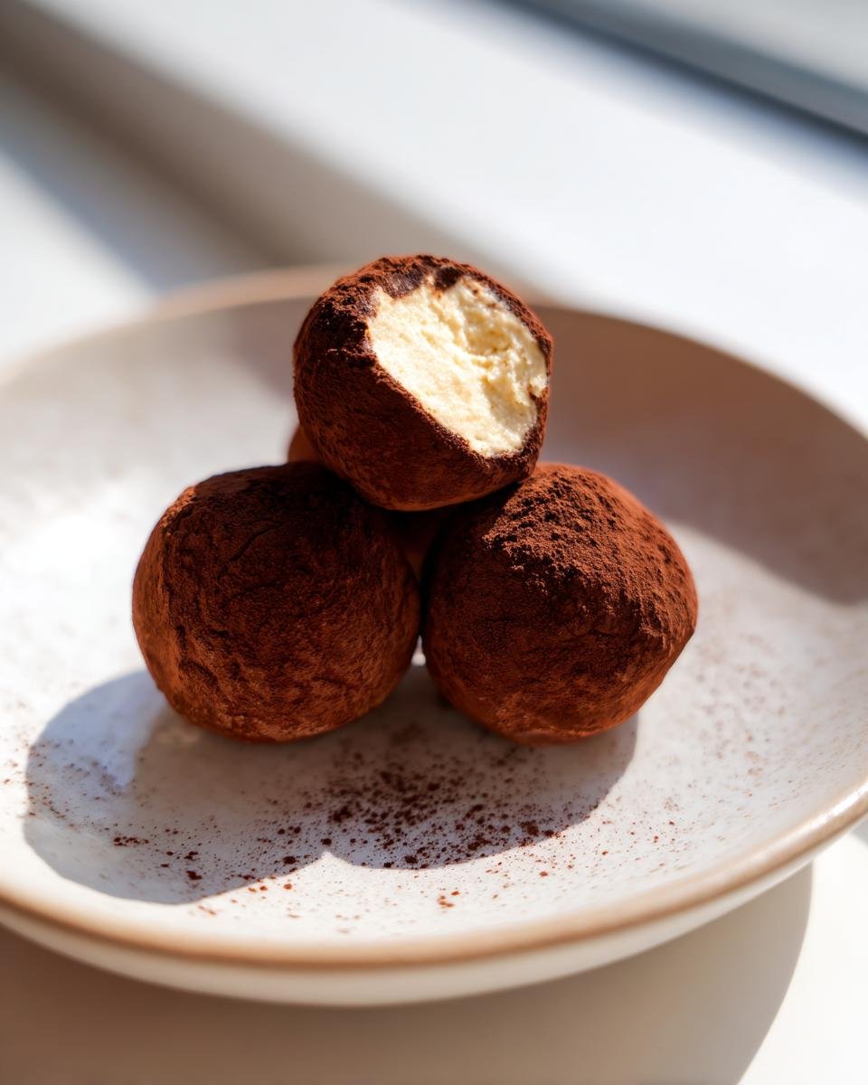 Drei Kleine Tiramisu-Kugeln auf einem Teller, eine davon angeschnitten und das cremige Innere zeigend.