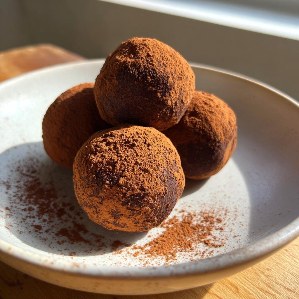 Vier selbstgemachte Kleine Tiramisu-Kugeln, dick mit Kakaopulver bestäubt, auf einem hellen Teller.