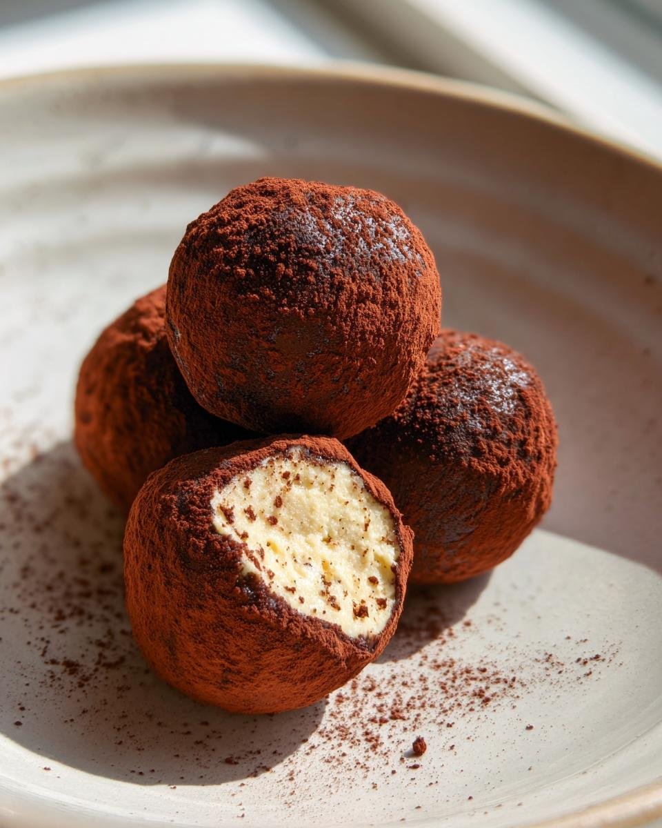 Nahaufnahme von vier Kleinen Tiramisu-Kugeln, eine davon angeschnitten, um die cremige Füllung zu zeigen.