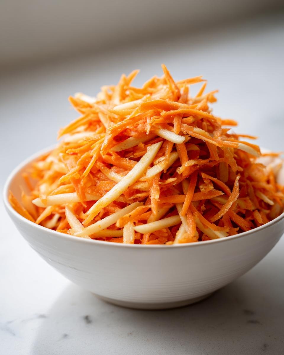 Nahaufnahme von frisch geriebenem Knackiger Karotten-Apfel-Salat in einer weißen Schüssel.