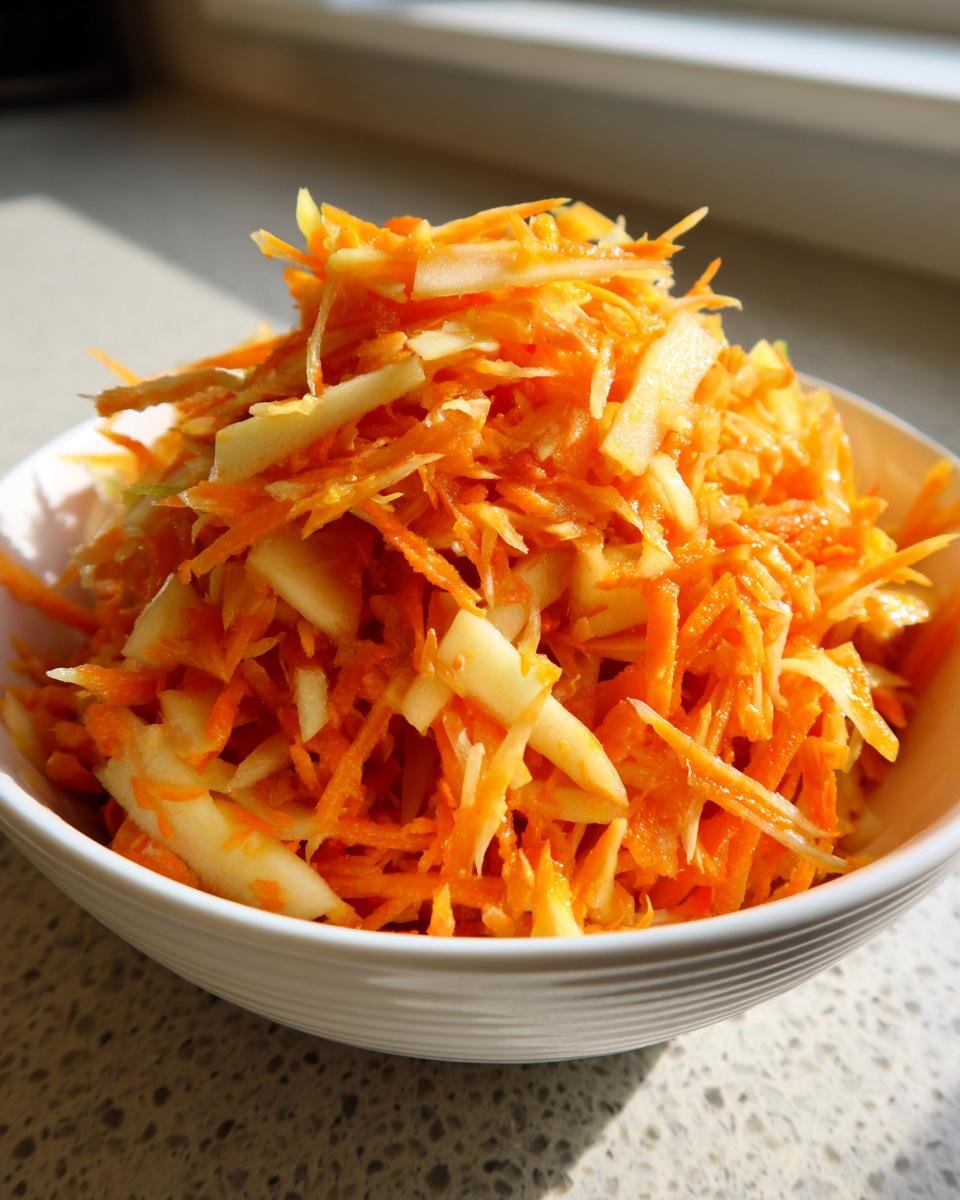 Nahaufnahme eines knackigen Karotten-Apfel-Salats, bestehend aus geraspelten Karotten und Apfelstücken, in einer weißen Schüssel.