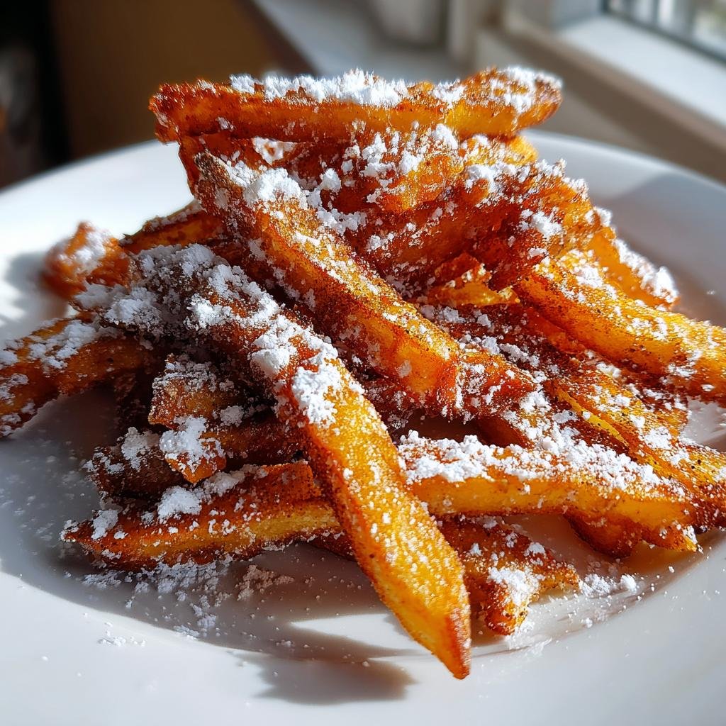 Goldbraune, knusprige Apfel-Pommes aus der Heißluftfritteuse, bestäubt mit Puderzucker.