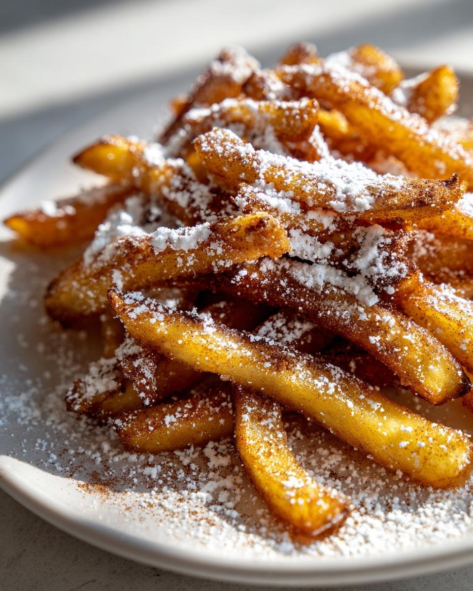 Nahaufnahme von knusprigen Apfel-Pommes Heißluftfritteuse einfach zubereiten, bestreut mit Puderzucker und Zimt.