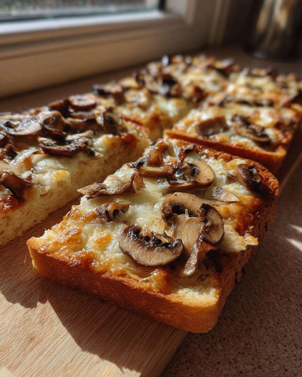 Mehrere Scheiben Knusprige Käse-Champignon-Knoblauch-Toasts mit geschmolzenem Käse und Pilzen, angerichtet auf einem Holzbrett.