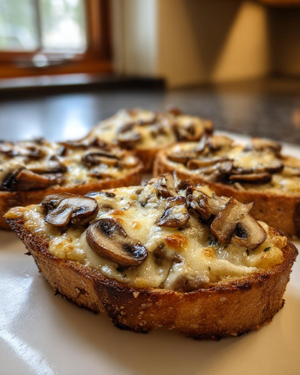 Nahaufnahme von vier Knusprige Käse-Champignon-Knoblauch-Toasts mit geschmolzenem Käse und Pilzen.