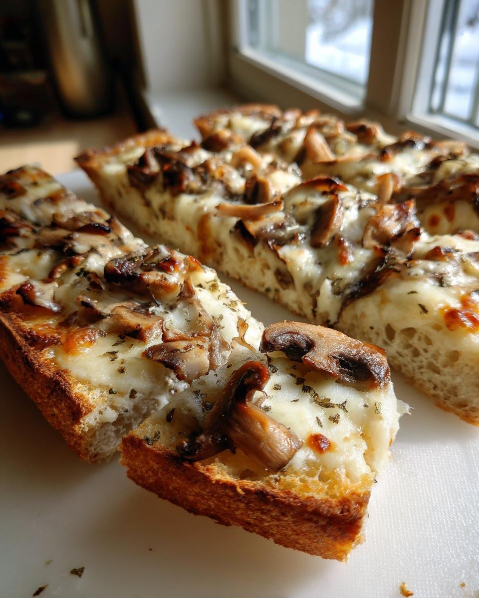 Nahaufnahme von aufgeschnittenen Knusprige Käse-Champignon-Knoblauch-Toasts mit geschmolzenem Käse und Pilzen.
