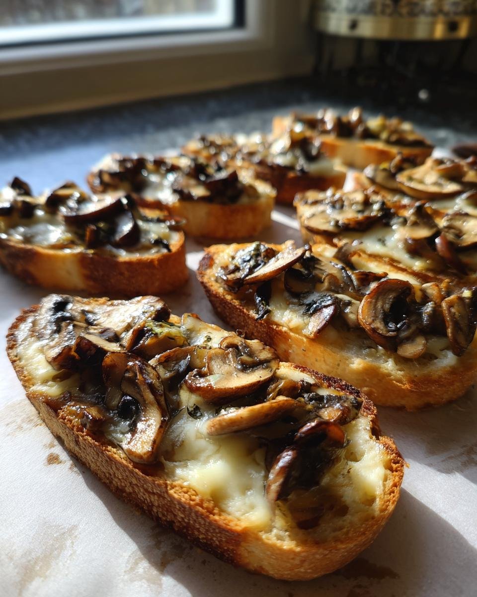 Mehrere goldbraune Scheiben Brot belegt mit geschmolzenem Käse und gebratenen Champignons, die Knusprige Käse-Champignon-Knoblauch-Toasts.
