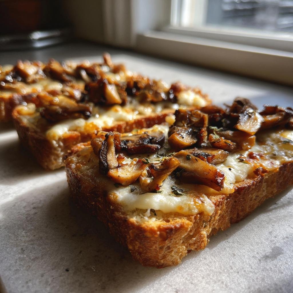 Nahaufnahme von knusprigen Käse-Champignon-Knoblauch-Toasts mit geschmolzenem Käse und gebratenen Pilzen.