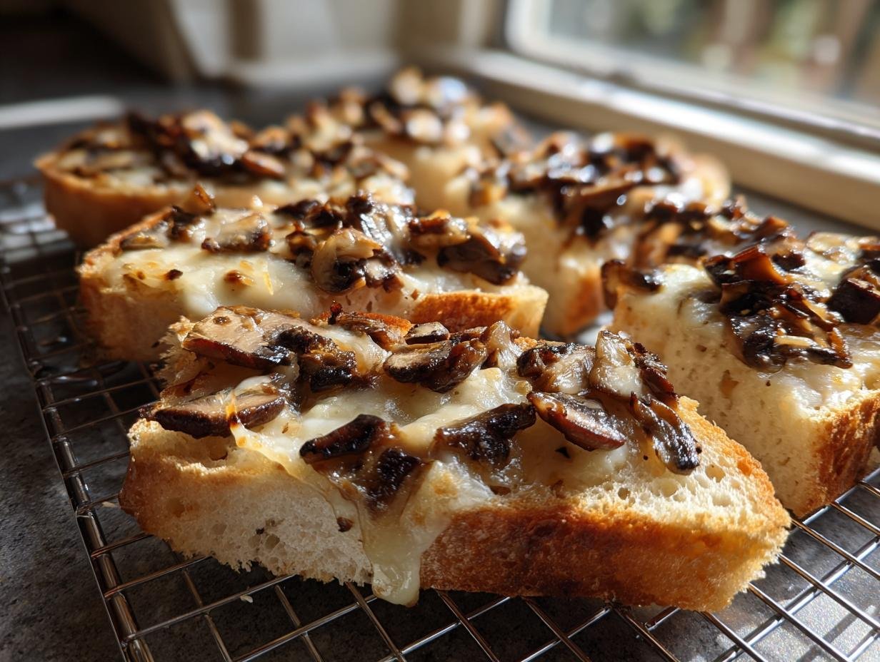 Mehrere Scheiben Knusprige Käse-Champignon-Knoblauch-Toasts mit geschmolzenem Käse und gebratenen Pilzen auf einem Drahtrost.