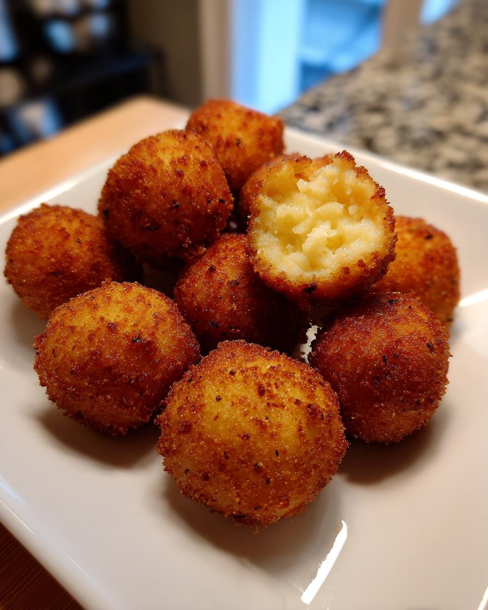 Ein Haufen goldbraun frittierter Knusprige Käsebällchen Deluxe auf einem weißen Teller, einer davon aufgebrochen.