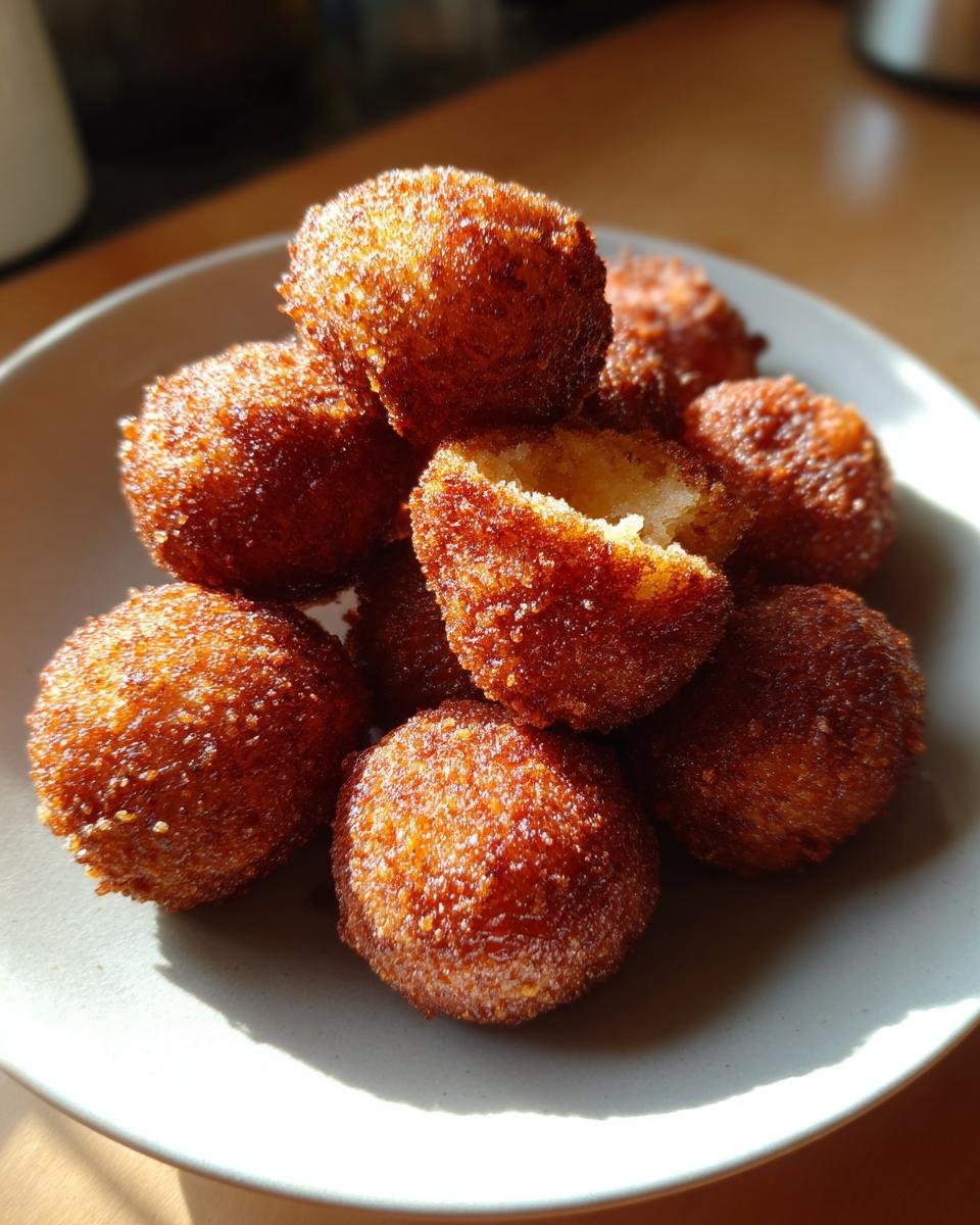 Ein Haufen goldbrauner, frittierter Knusprige Käsebällchen Deluxe auf einem grauen Teller, einer davon ist aufgebissen.