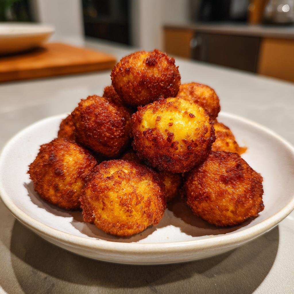 Ein Haufen goldbraun frittierter Knusprige Käsebällchen Deluxe in einer weißen Schale.