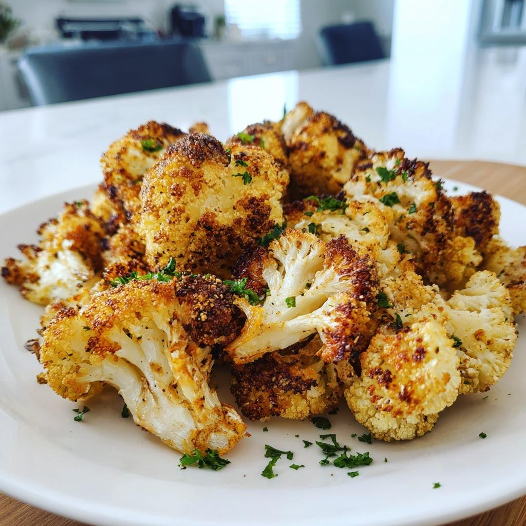 Teller mit knusprigem Blumenkohl aus dem Ofen, goldbraun gebacken und mit Petersilie bestreut.