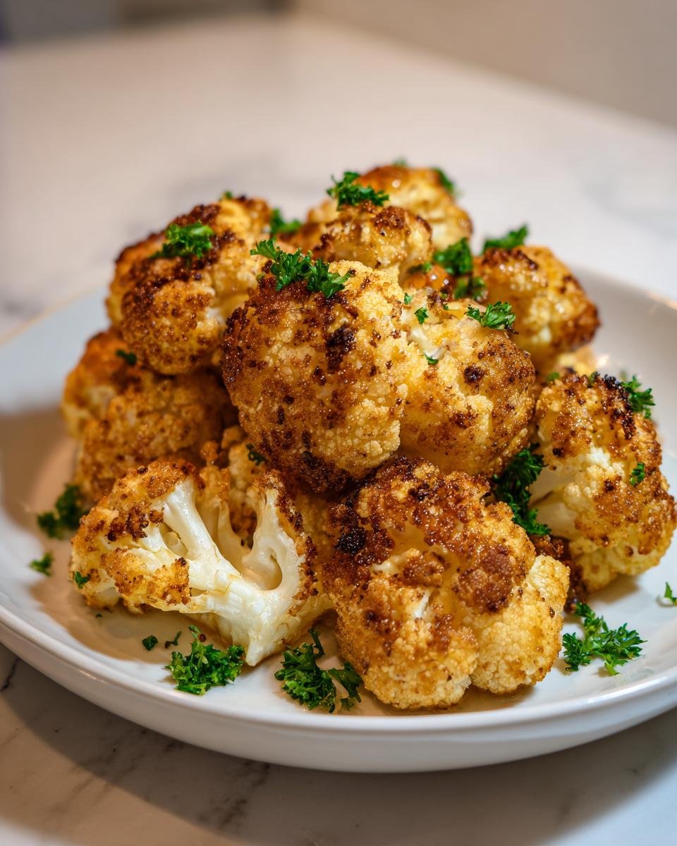 Goldbraun gebackene Röschen von Knuspriger Blumenkohl aus dem Ofen, garniert mit Petersilie.