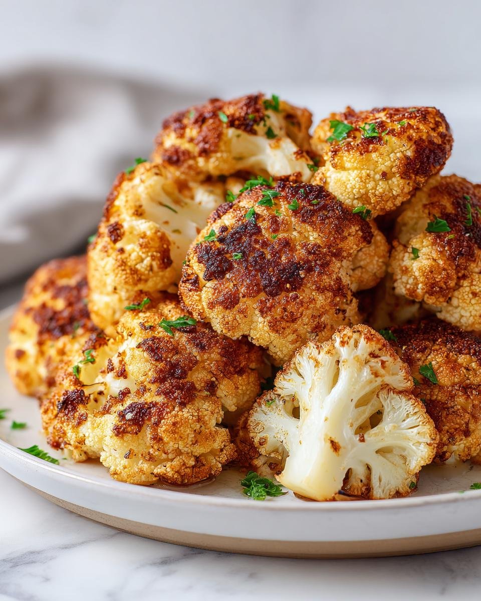 Teller mit goldbraun gebackenem, knusprigem Blumenkohl aus dem Ofen, garniert mit Petersilie.
