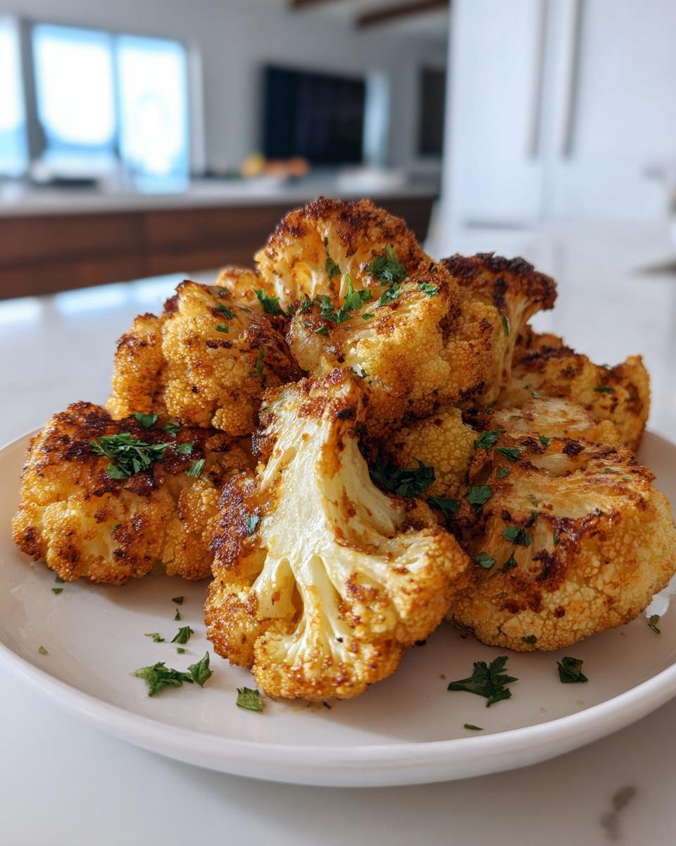 Stücke von Knuspriger Blumenkohl aus dem Ofen, goldbraun gebacken und mit Petersilie bestreut.
