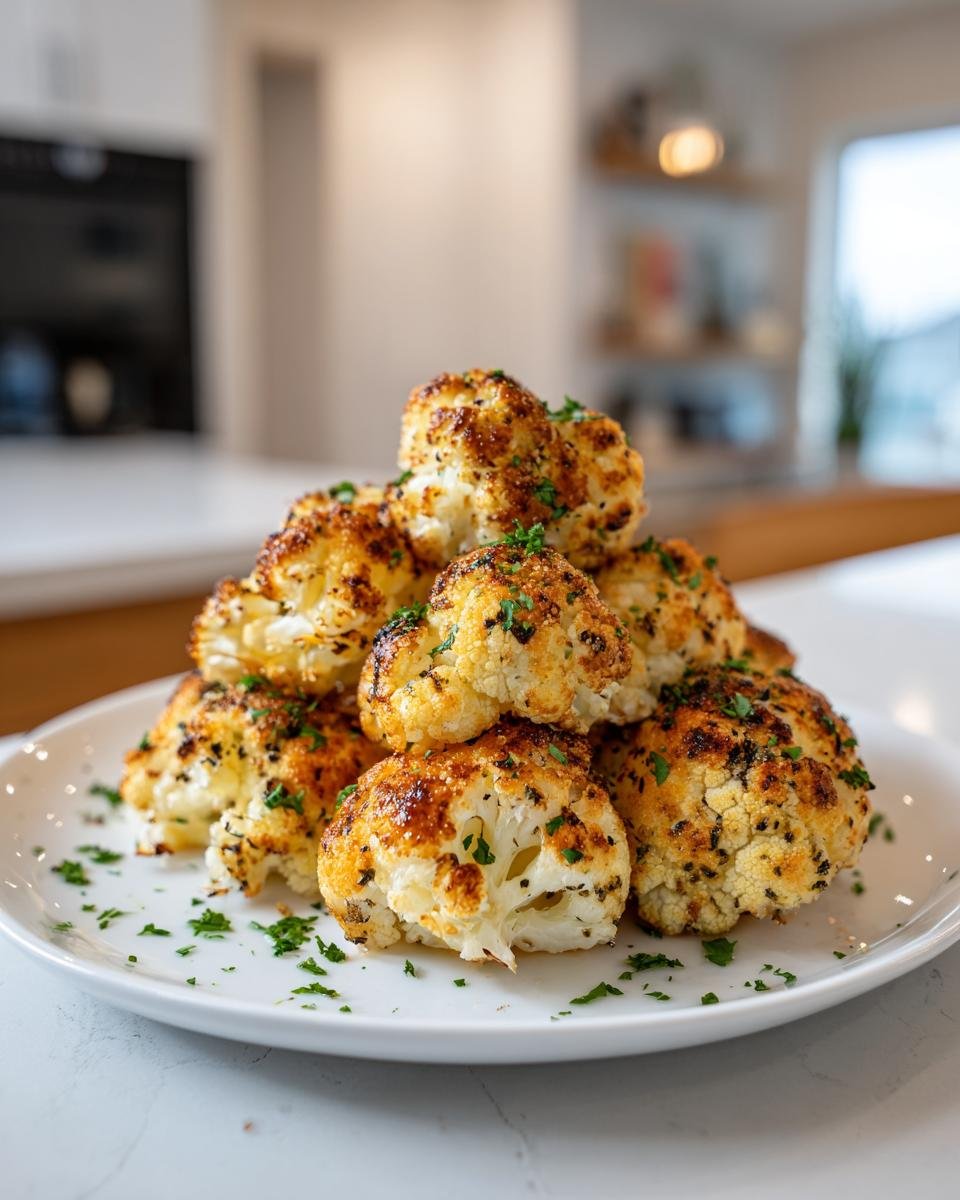 Ein Haufen goldbraun gebackener Röschen, Knuspriger Blumenkohl aus dem Ofen, garniert mit Petersilie auf einem weißen Teller.
