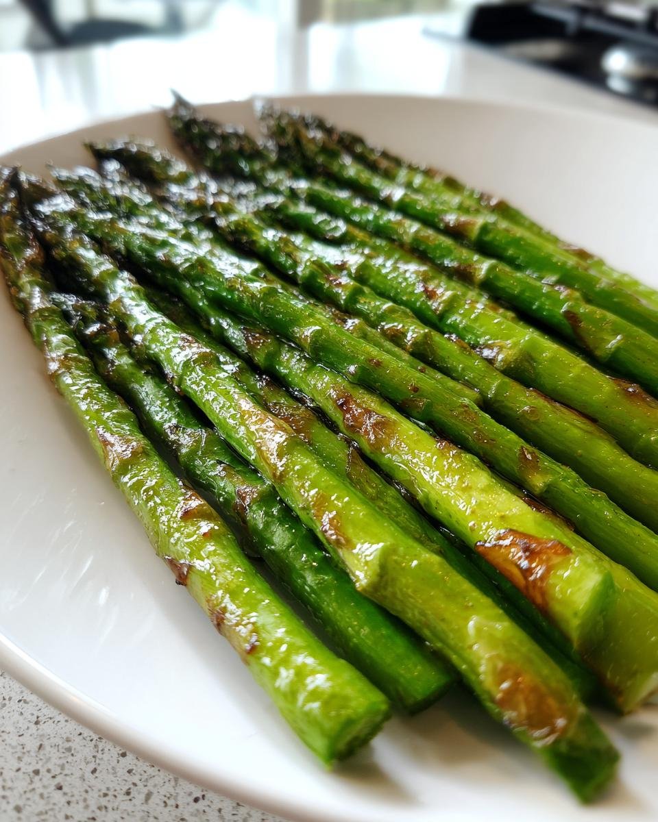 Grüner, leicht gebräunter Spargel, der knuspriger Ofen-Spargel zubereitet wurde, liegt auf einem weißen Teller.