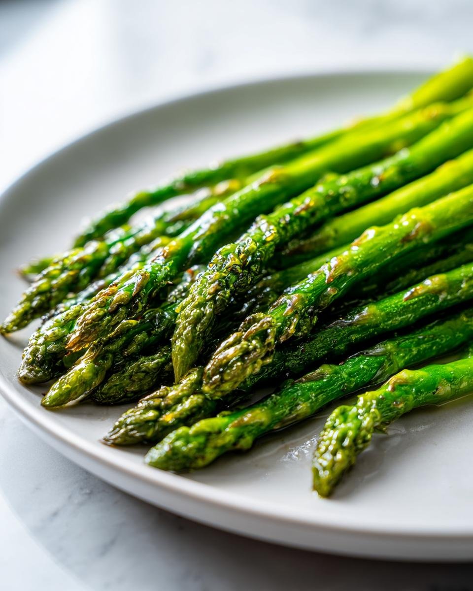 Nahaufnahme von saftigem, grünem Knuspriger Ofen-Spargel, der auf einem hellen Teller angerichtet ist.