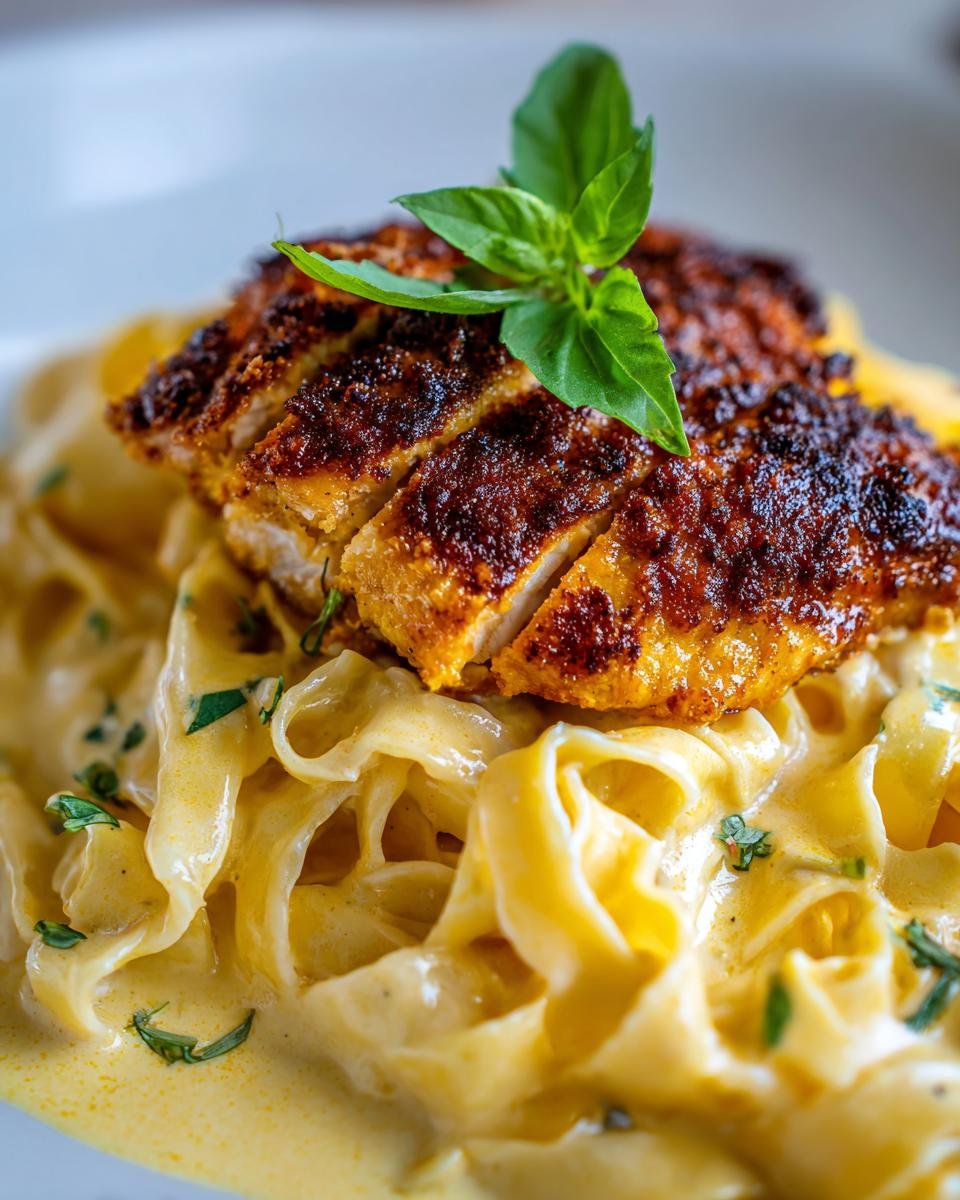 Knuspriges Hähnchen mit dunkler Kruste auf breiten Bandnudeln in cremiger Sauce, garniert mit Basilikum.
