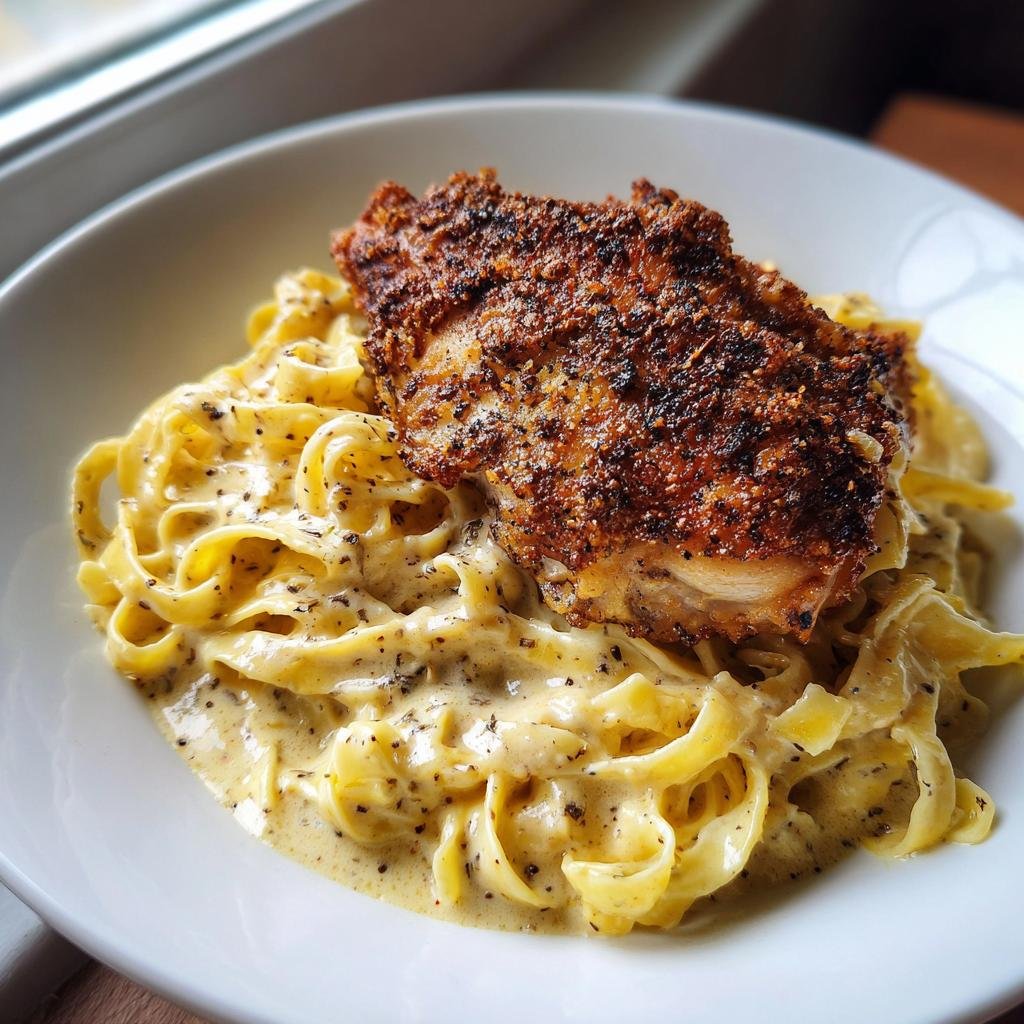 Nahaufnahme von Knuspriges Hähnchen mit cremiger Pasta in einer weißen Schüssel.