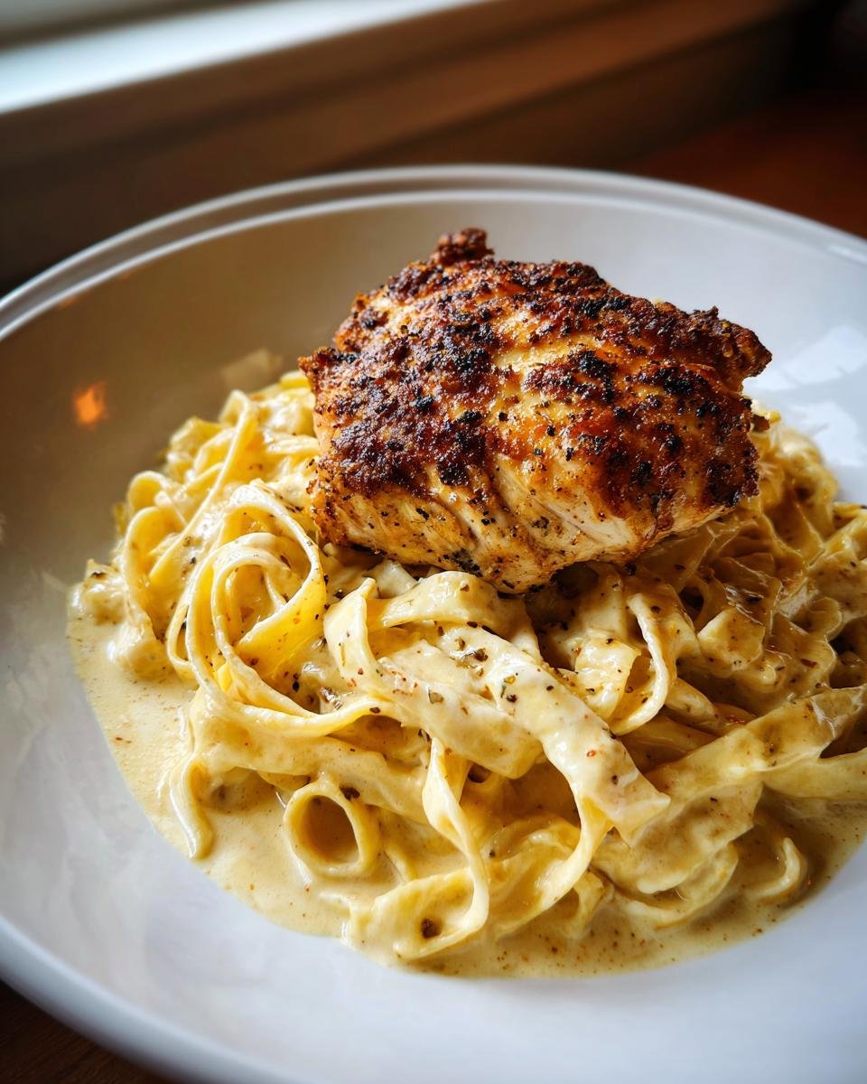 Ein Teller mit Knuspriges Hähnchen mit cremiger Pasta, bestehend aus gebratenem Hähnchenbrustfilet auf Fettuccine in einer cremigen Sauce.