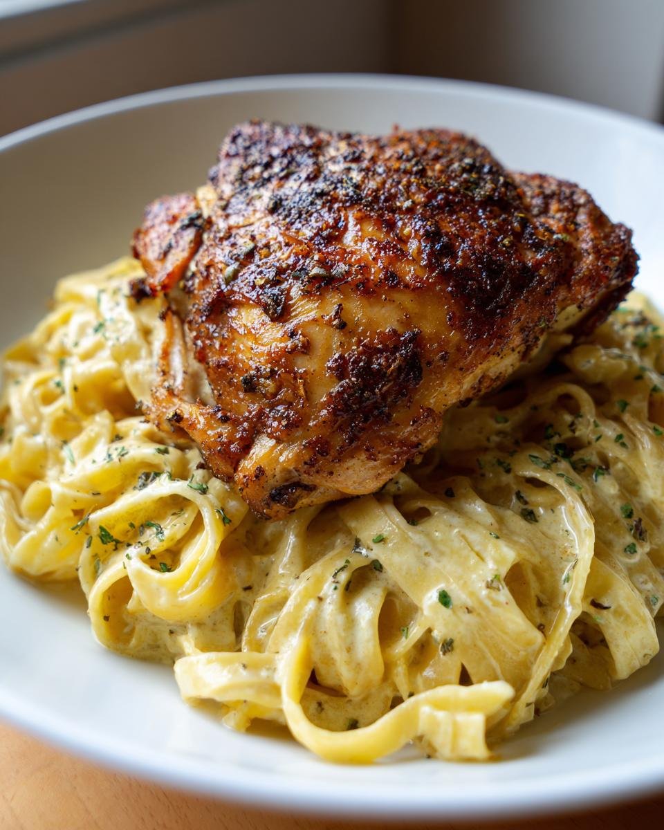 Knuspriges Hähnchen mit dunkler Gewürzkruste auf einer Portion cremiger Pasta in einer weißen Schüssel.