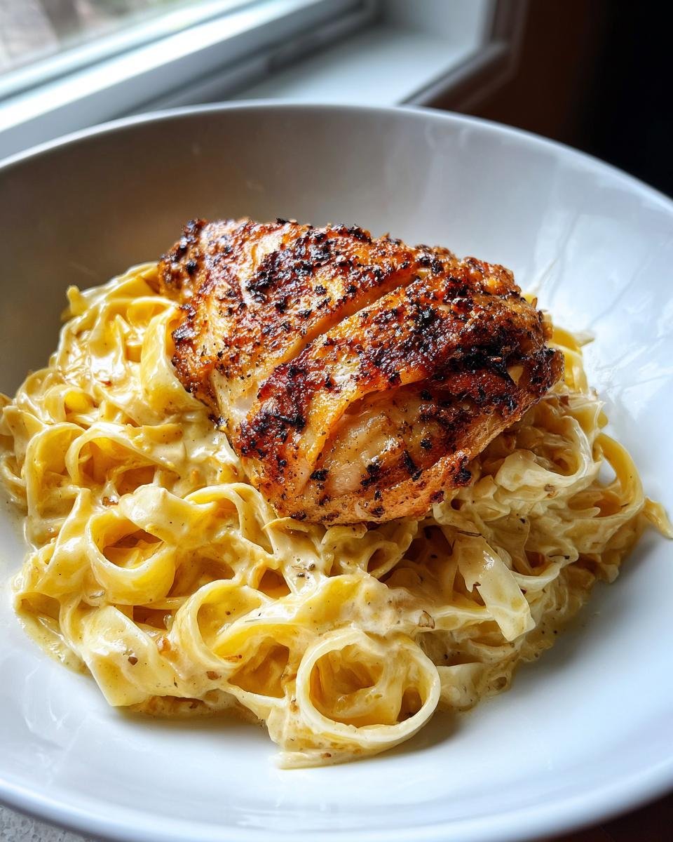Knuspriges Hähnchen mit cremiger Pasta in einer weißen Schüssel, perfekt zubereitet.