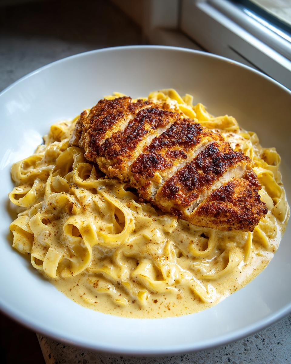 Knuspriges Hähnchen mit cremiger Pasta (Tagliatelle) in einer weißen Schüssel, angerichtet und geschnitten.