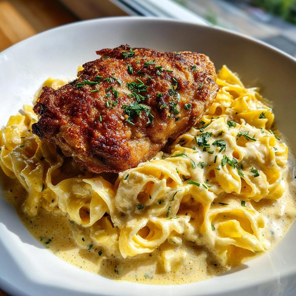 Knuspriges Hähnchen mit cremiger Pasta, garniert mit frischen Kräutern, in einer weißen Schüssel.