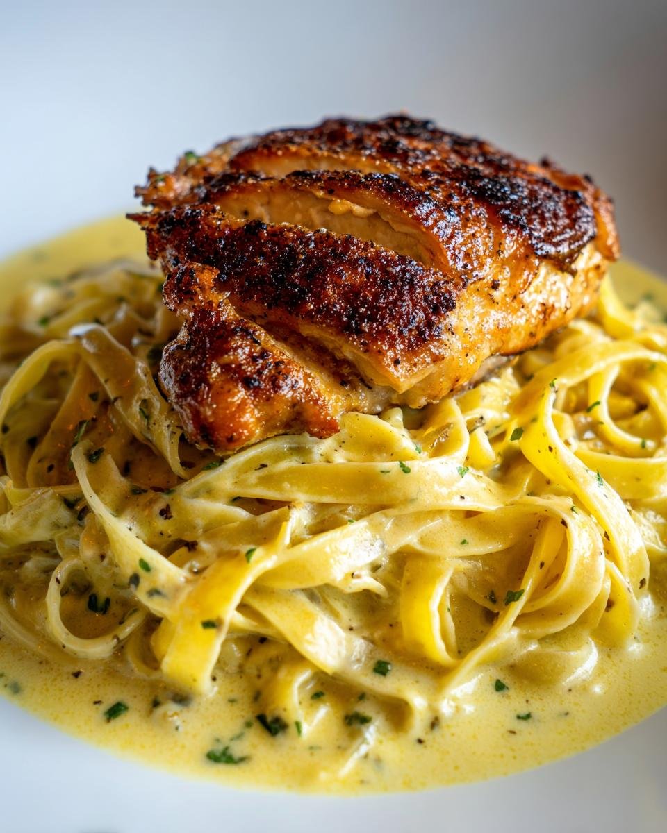 Knuspriges Hähnchen mit cremiger Pasta, bestehend aus gebratenem Hähnchenbrustfilet auf Fettuccine in einer hellgelben Sahnesauce.
