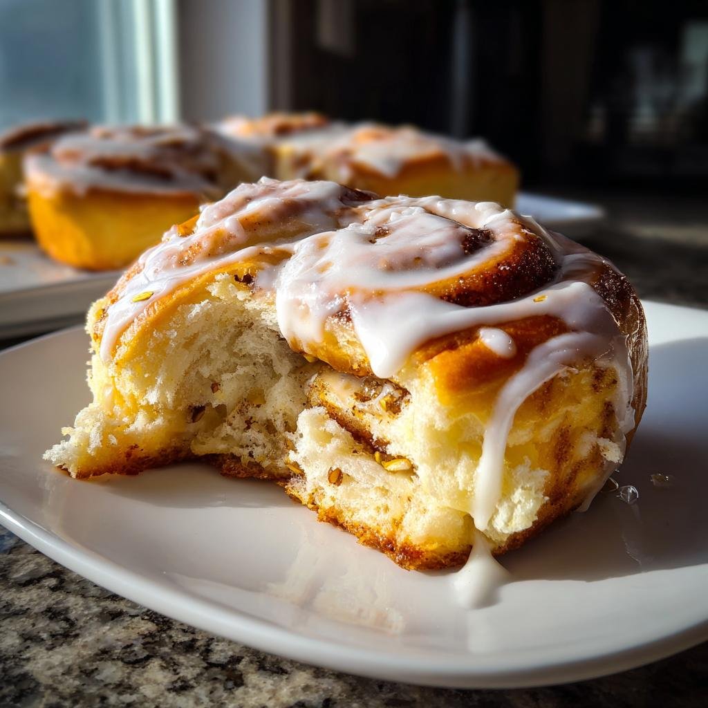 Aufgeschnittene, saftige Pistazien-Zimtschnecken mit reichlich weißem Zuckerguss, die im Gegenlicht glänzen.
