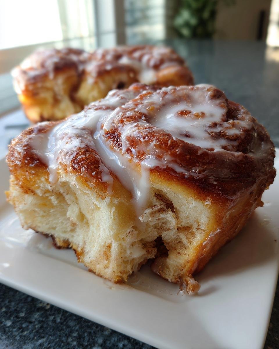 Nahaufnahme einer aufgeschnittenen, saftigen Zimtschnecke mit reichlich weißem Zuckerguss, die eine der Köstliche Pistazien-Zimtschnecken darstellt.
