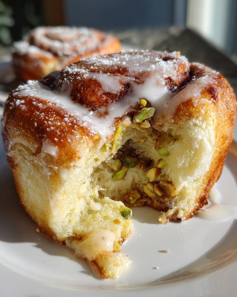 Nahaufnahme einer aufgeschnittenen Köstliche Pistazien-Zimtschnecke mit saftigem Inneren und grünem Pistazienkern.