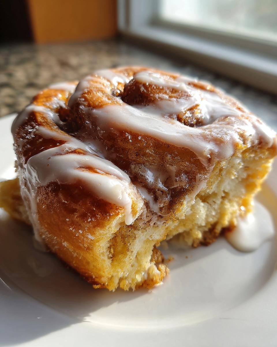 Nahaufnahme einer saftigen Zimtschnecke mit Pistazienfüllung und weißem Zuckerguss, die auf einem Teller liegt.