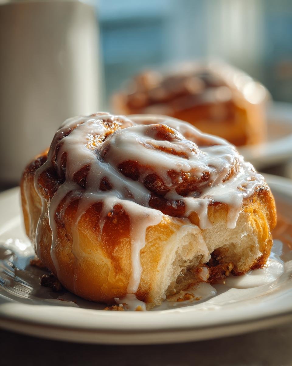 Nahaufnahme einer saftigen Zimtschnecke mit reichlich weißem Zuckerguss, die einen Bissen verloren hat, Teil des Rezepts für Köstliche Pistazien-Zimtschnecken.