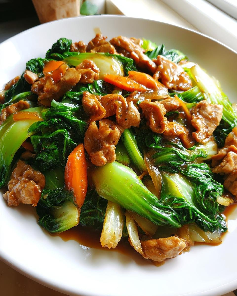 Nahaufnahme eines Köstliches Chinakohl-Pfannengericht mit gebratenem Fleisch, Karottenstücken und Zwiebeln in einer dunklen Soße auf einem weißen Teller.