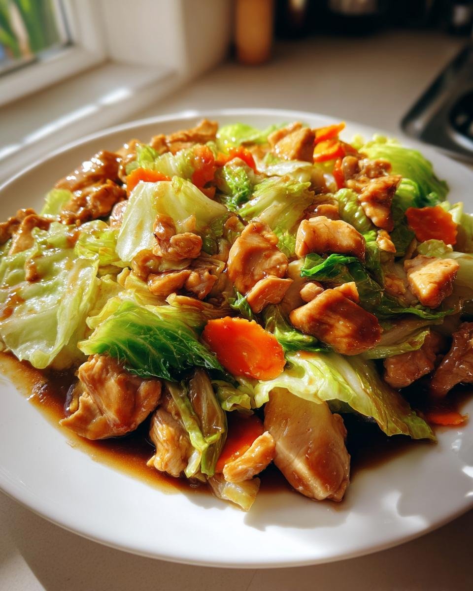 Nahaufnahme eines Köstliches Chinakohl-Pfannengericht mit gebratenen Hähnchenstücken und Karottenscheiben in dunkler Soße.