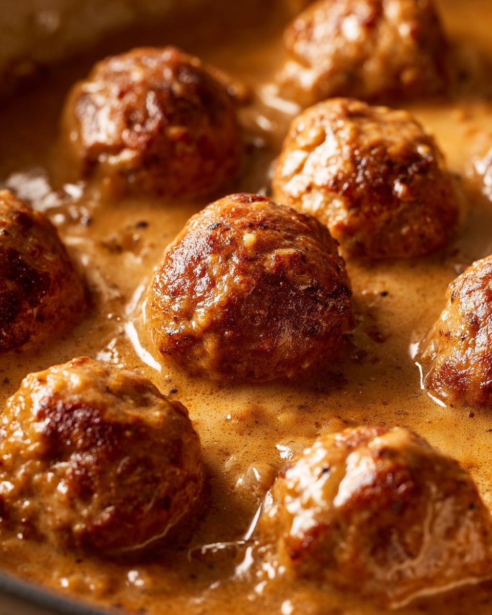 Nahaufnahme von saftigen Köttbullar: Schwedische Fleischbällchen Selber Machen in cremiger brauner Soße.