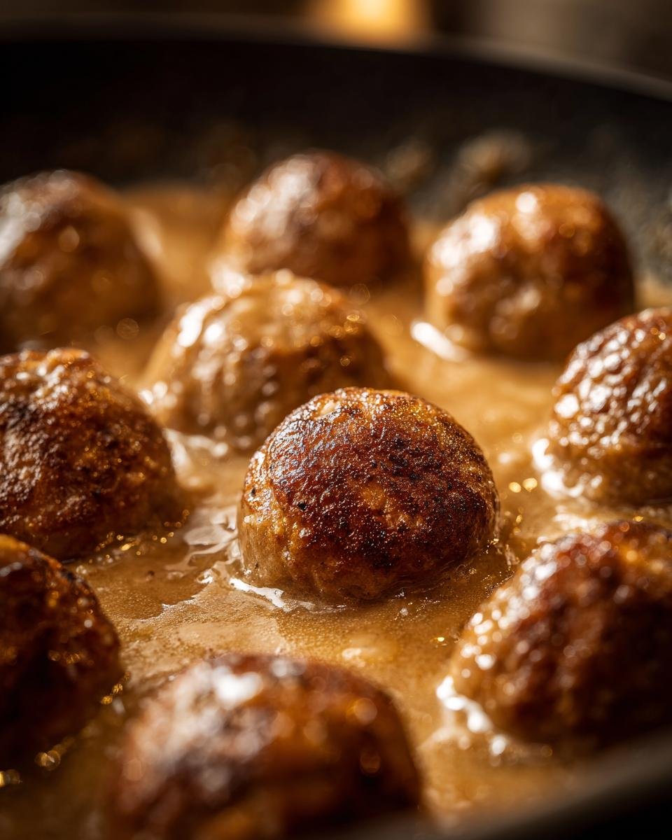 Nahaufnahme von braun gebratenen Köttbullar: Schwedische Fleischbällchen in einer dunklen Soße in der Pfanne.