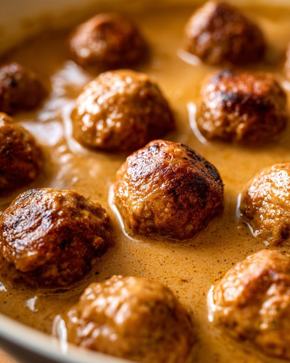 Nahaufnahme von braun gebratenen Köttbullar: Schwedische Fleischbällchen in einer cremigen braunen Soße.