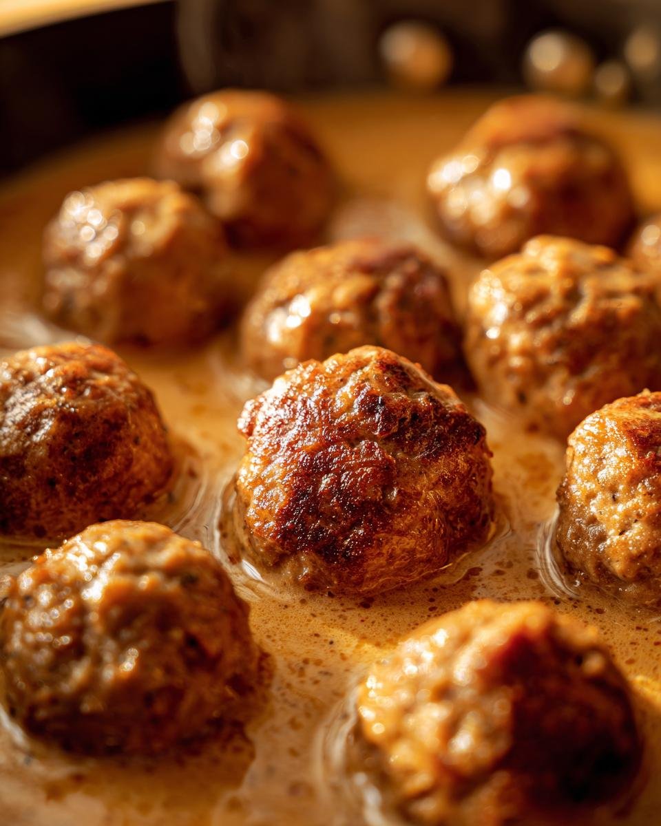 Nahaufnahme von braun gebratenen Köttbullar: Schwedische Fleischbällchen in einer cremigen, hellbraunen Sauce.