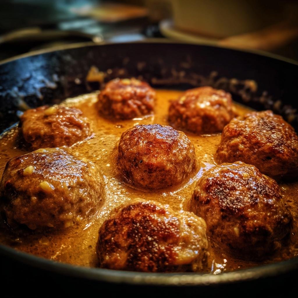 Nahaufnahme von saftigen Köttbullar: Schwedische Fleischbällchen Selber Machen in einer cremigen, braunen Sauce in einer dunklen Pfanne.