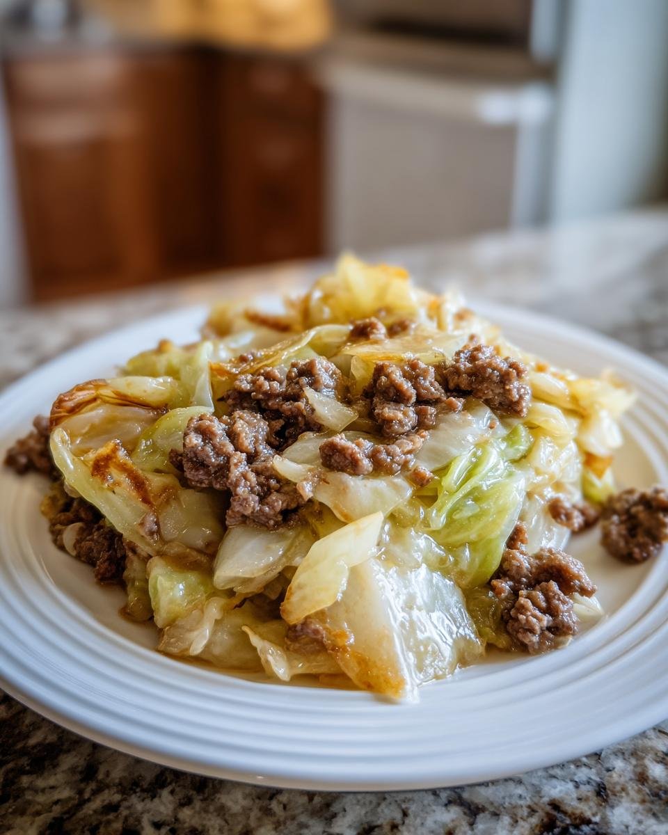 Nahaufnahme von Kohl enhydratarmer Kohl auflauf mit gebratenem Hackfleisch auf einem weißen Teller.