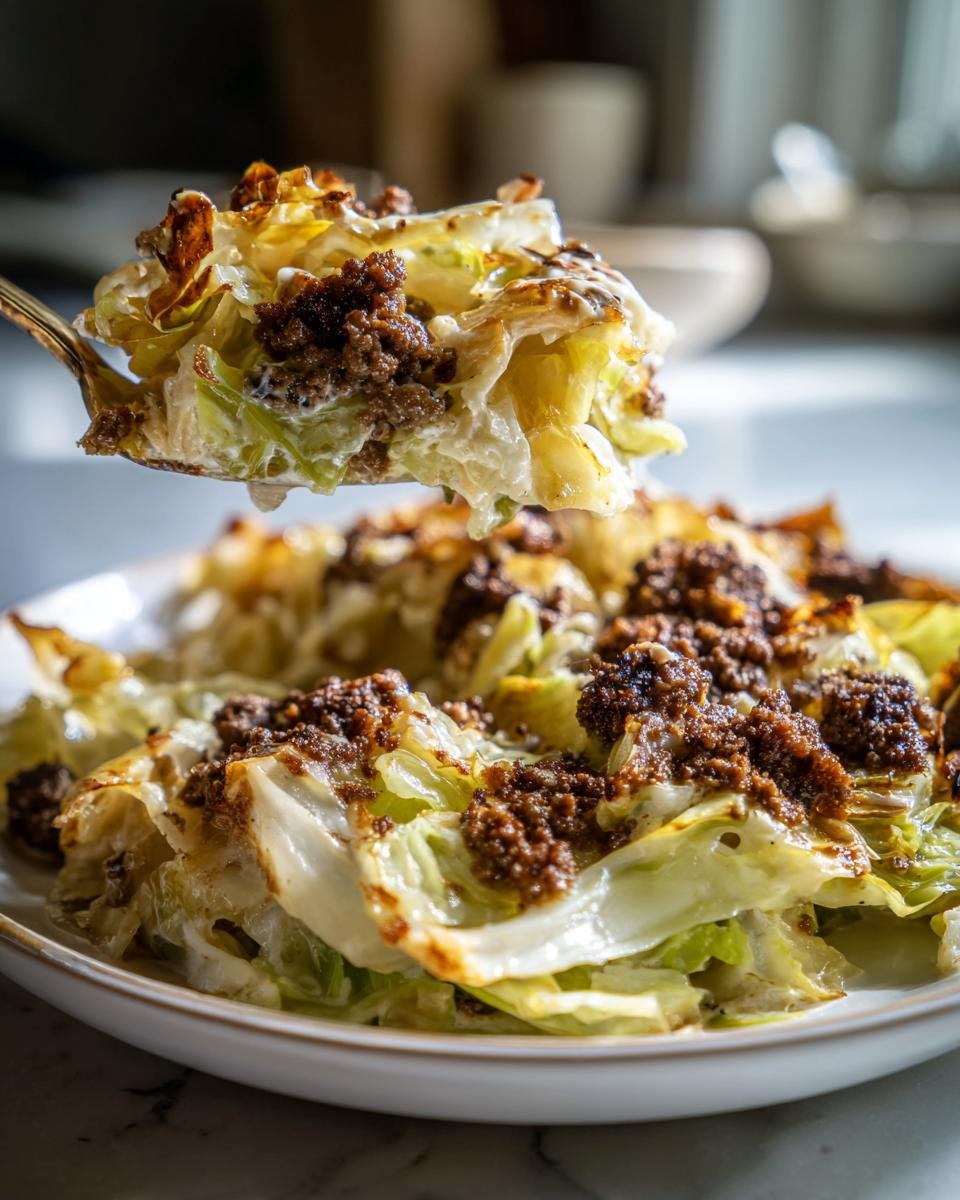 Ein Löffel nimmt eine Portion Kohl enhydratarmer Kohl auflauf mit gebräuntem Hackfleisch aus dem Auflauf.