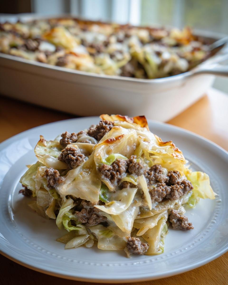 Eine Portion Kohl enhydratarmer Kohl auflauf mit Hackfleisch und cremiger Sauce auf einem weißen Teller.