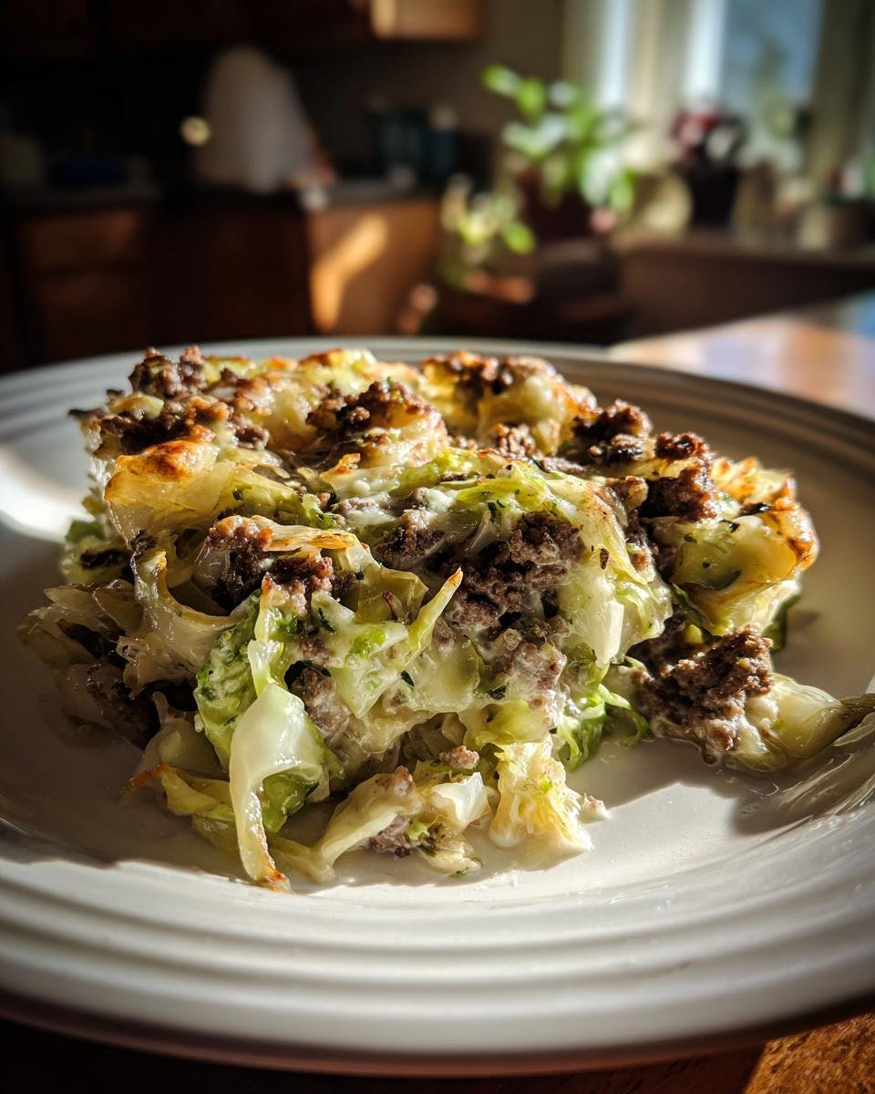 Ein Teller mit Kohl enhydratarmer Kohl auflauf, bedeckt mit Hackfleisch und geschmolzenem Käse.