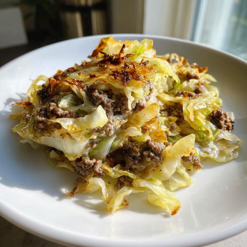 Nahaufnahme eines Teller mit Kohl enhydratarmer Kohl auflauf, bestehend aus geschichtetem Kohl und Hackfleisch.