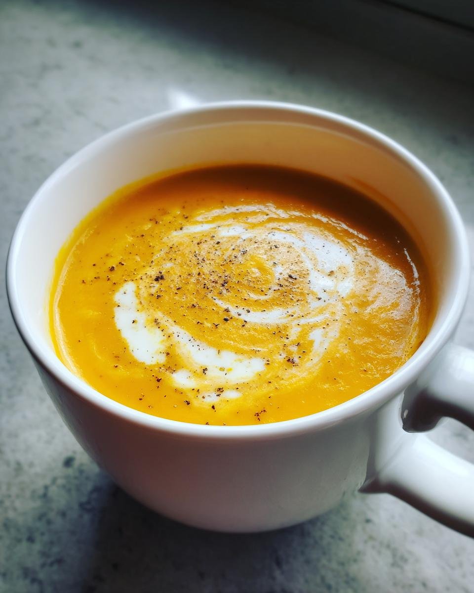 Nahaufnahme einer cremigen Kürbissuppe in einer weißen Tasse, verziert mit einem Sahne-Swirl und frisch gemahlenem Pfeffer.