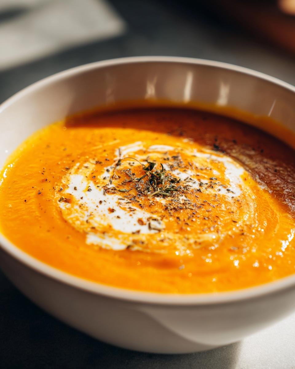 Nahaufnahme einer leuchtend orangefarbenen Kürbissuppe, garniert mit einem Wirbel Sahne und getrockneten Kräutern.